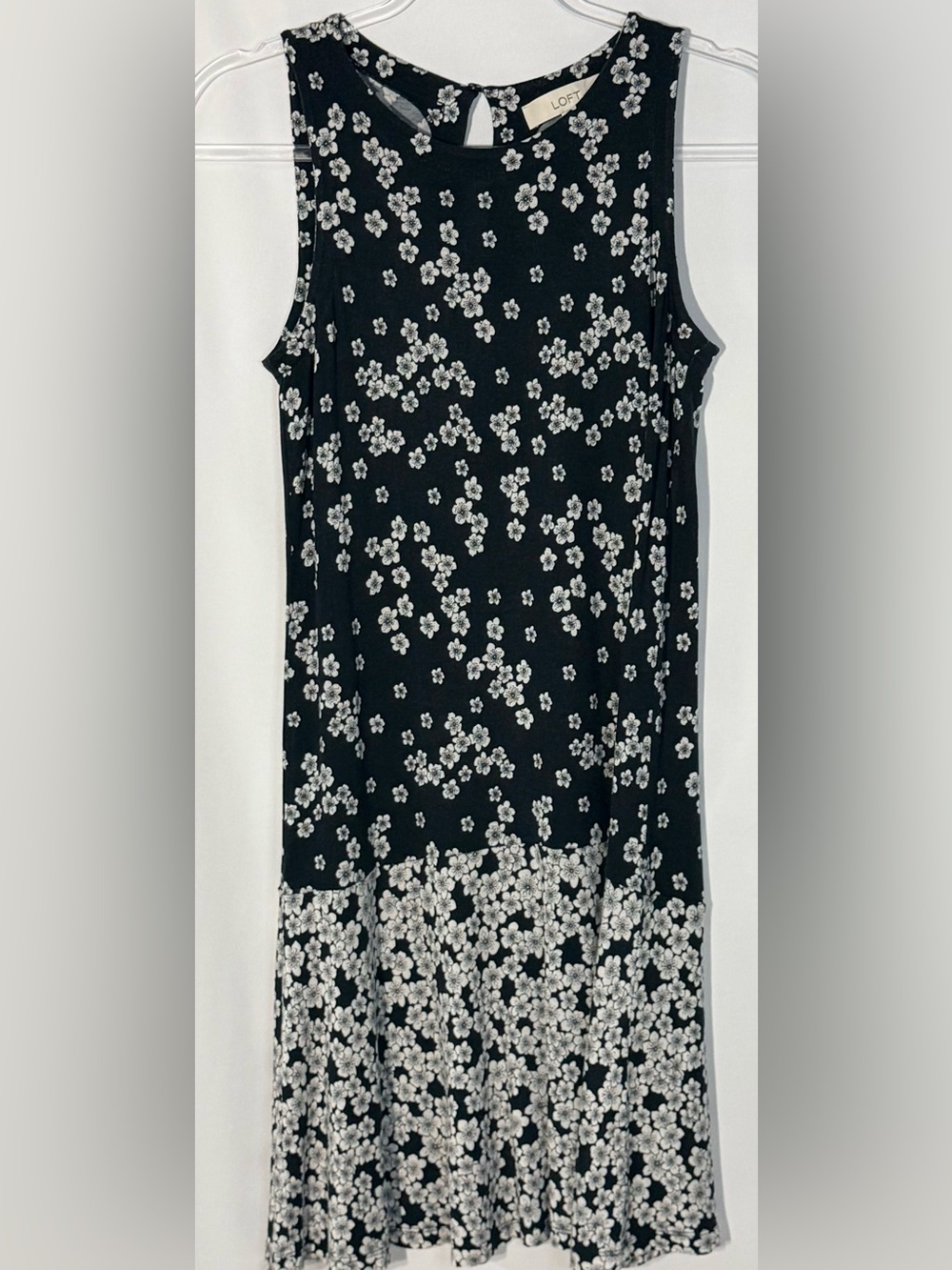 LOFT Floral Petal Drop-Waist Ruffle Dress Black White Small Petite